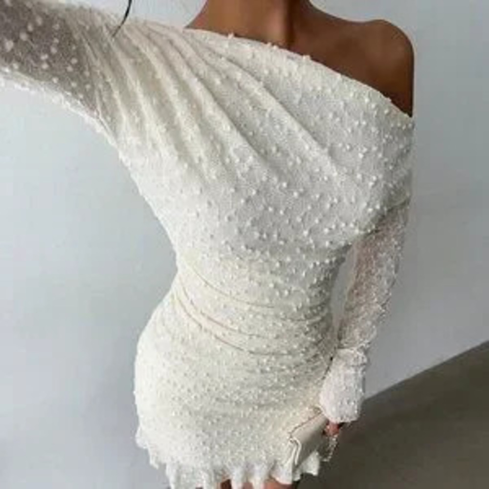 Apricot Elegant Women's Sexy Shoulder Long Sleeve Mini Bodycon Dress